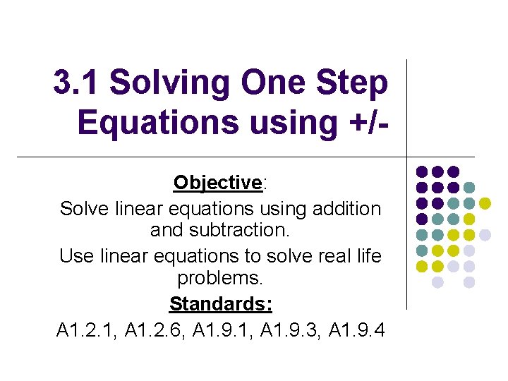 3. 1 Solving One Step Equations using +/Objective: Solve linear equations using addition and