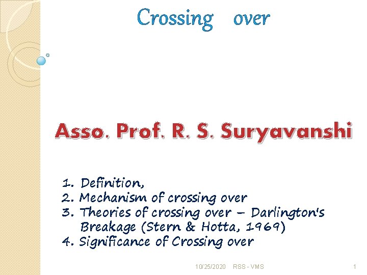 Crossing over Asso. Prof. R. S. Suryavanshi 1. Definition, 2. Mechanism of crossing over