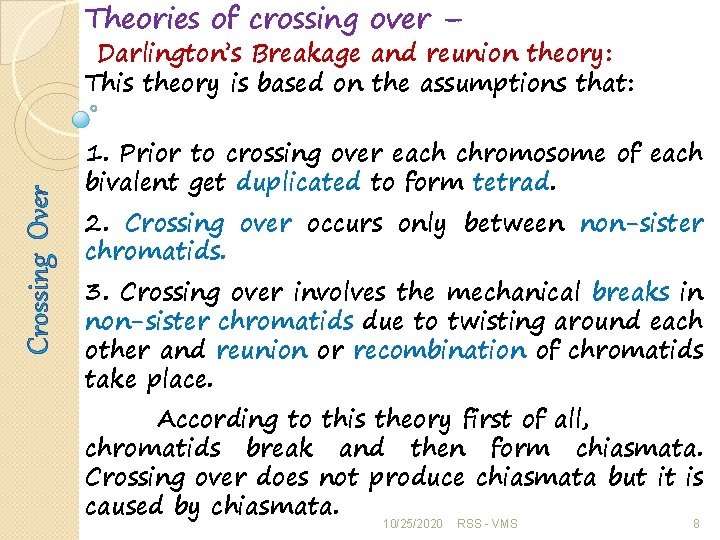 Theories of crossing over – Crossing Over Darlington’s Breakage and reunion theory: This theory