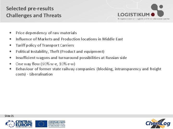 Selected pre-results Challenges and Threats • • Slide 21 Price dependency of raw materials Selected pre-results Challenges and Threats • • Slide 21 Price dependency of raw materials