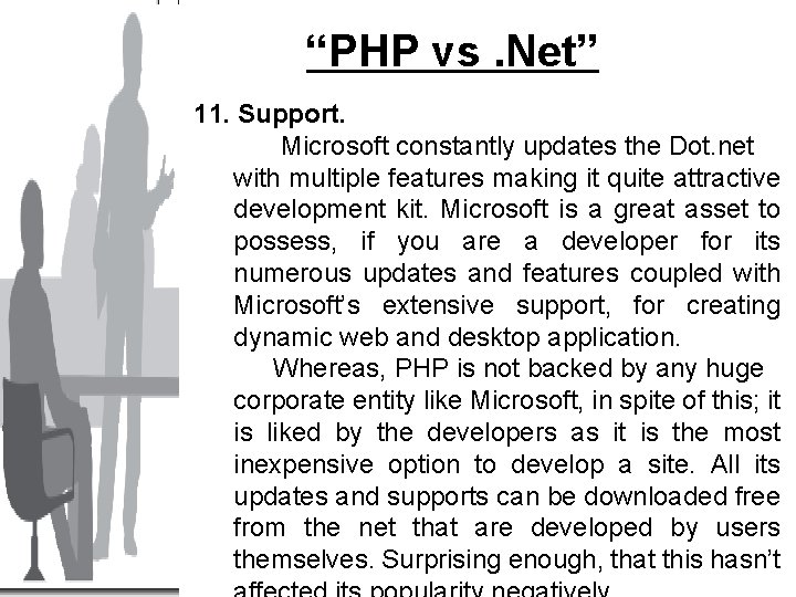 “PHP vs. Net” 11. Support. Microsoft constantly updates the Dot. net with multiple features