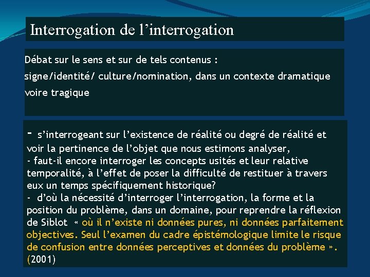 Interrogation de l’interrogation Débat sur le sens et sur de tels contenus : signe/identité/