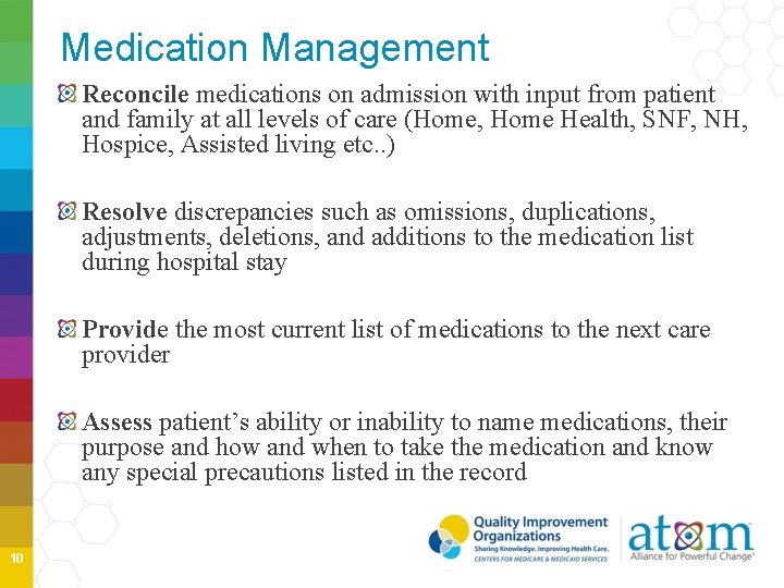 Medication Management Reconcile medications on admission with input from patient and family at all