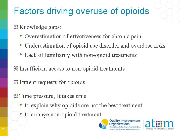 Factors driving overuse of opioids Knowledge gaps: • Overestimation of effectiveness for chronic pain