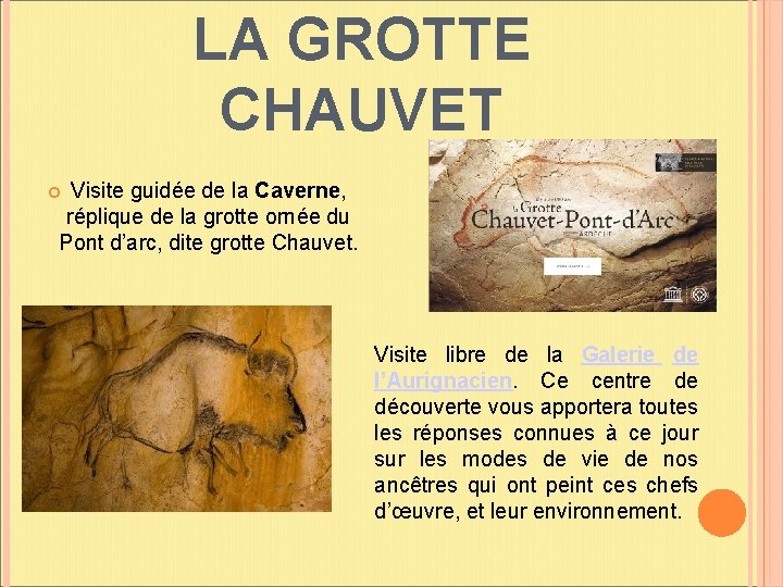 LA GROTTE CHAUVET Visite guidée de la Caverne, réplique de la grotte ornée du