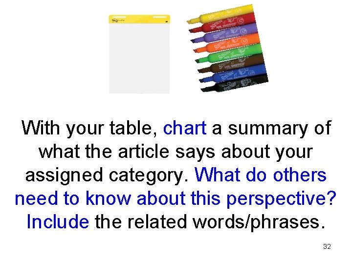 With your table, chart a summary of what the article says about your assigned