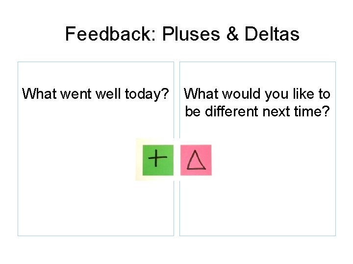 Feedback: Pluses & Deltas What went well today? What would you like to be