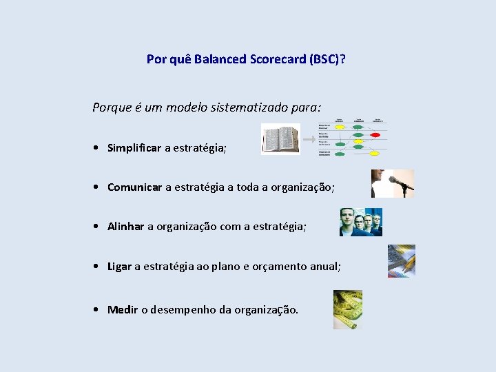 Por quê Balanced Scorecard (BSC)? Porque é um modelo sistematizado para: • Simplificar a