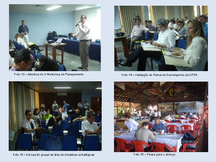Foto 13 – Abertura do II Workshop de Planejamento Foto 15 – Discussão grupal Foto 13 – Abertura do II Workshop de Planejamento Foto 15 – Discussão grupal