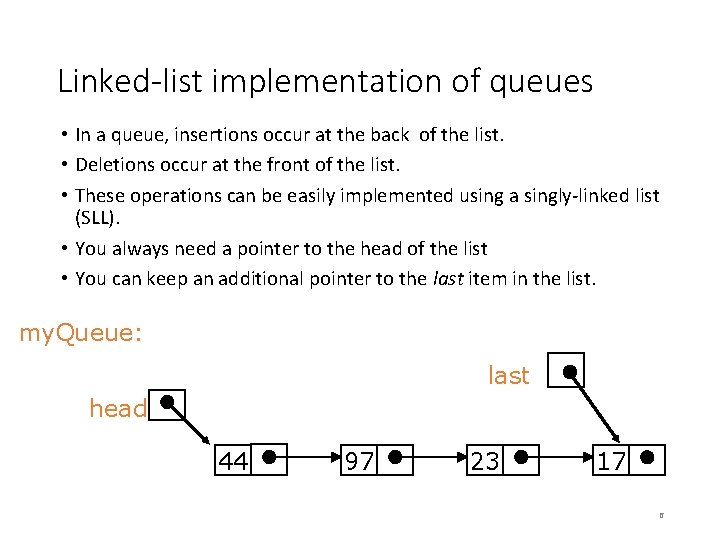 Linked-list implementation of queues • In a queue, insertions occur at the back of