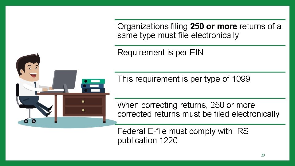 Organizations filing 250 or more returns of a same type must file electronically Requirement