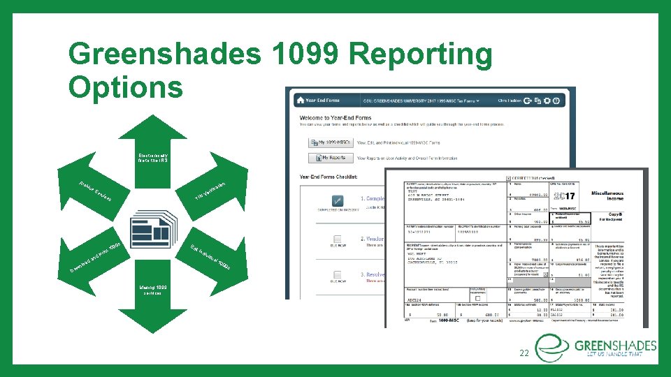 Greenshades 1099 Reporting Options Electronically file to the IRS Arc hiv e. S erv