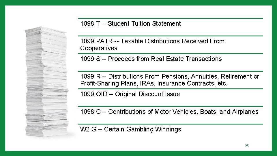1098 T -- Student Tuition Statement 1099 PATR -- Taxable Distributions Received From Cooperatives