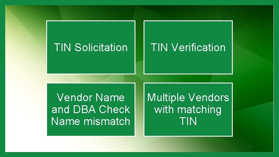 TIN Solicitation TIN Verification Vendor Name and DBA Check Name mismatch Multiple Vendors with