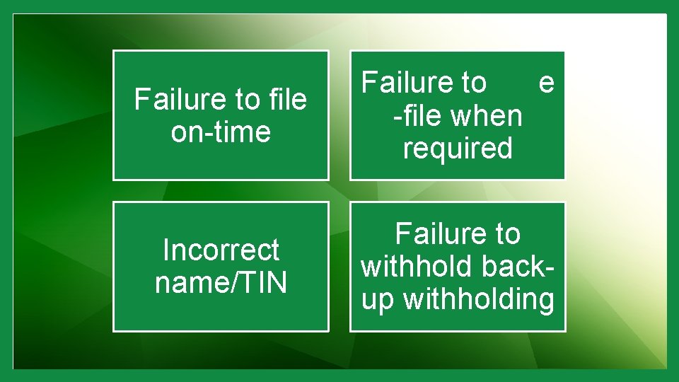 Failure to file on-time Failure to e -file when required Incorrect name/TIN Failure to