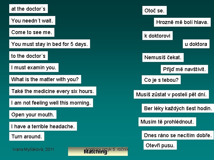 at the doctor´s Otoč se. You needn´t wait. Hrozně mě bolí hlava. Come to