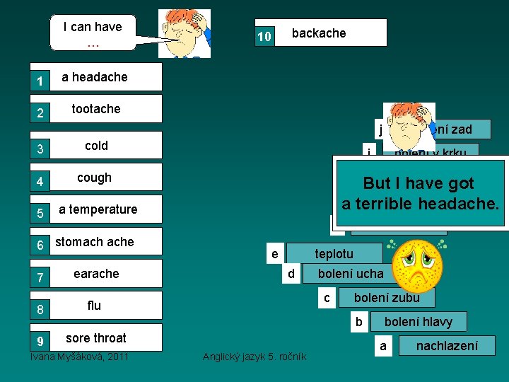 I can have … 1 a headache 2 tootache backache 10 bolení zad j