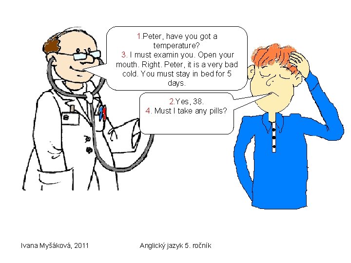 1. Peter, have you got a temperature? 3. I must examin you. Open your