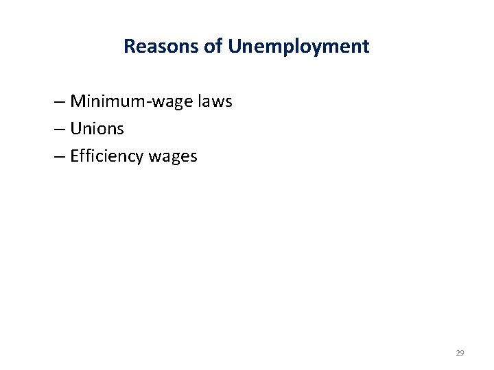 Reasons of Unemployment – Minimum-wage laws – Unions – Efficiency wages 29 Reasons of Unemployment – Minimum-wage laws – Unions – Efficiency wages 29
