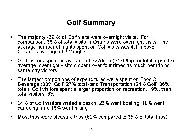 Golf Summary • The majority (59%) of Golf visits were overnight visits. For comparison,