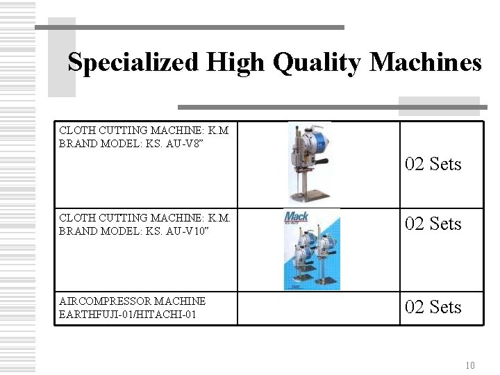 Specialized High Quality Machines CLOTH CUTTING MACHINE: K. M BRAND MODEL: KS. AU-V 8”