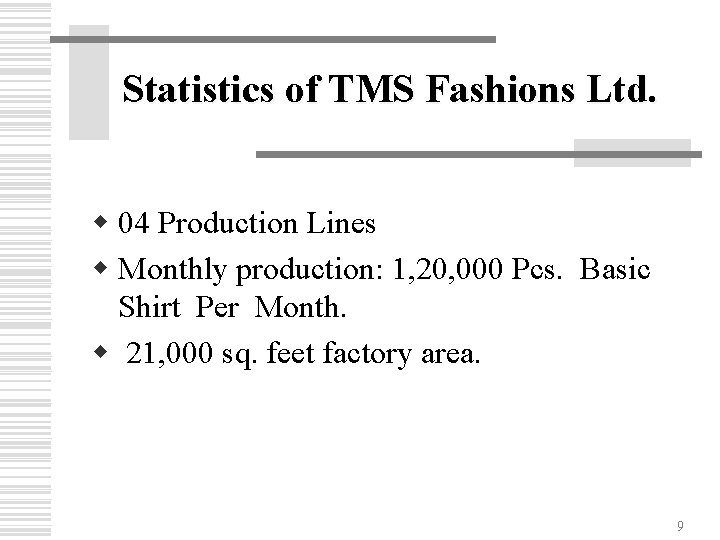 Statistics of TMS Fashions Ltd. w 04 Production Lines w Monthly production: 1, 20,