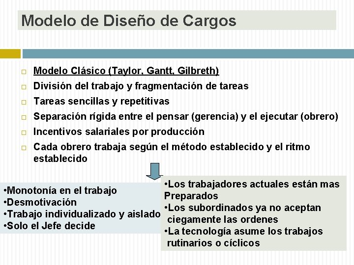 Modelo de Diseño de Cargos Modelo Clásico (Taylor, Gantt, Gilbreth) División del trabajo y