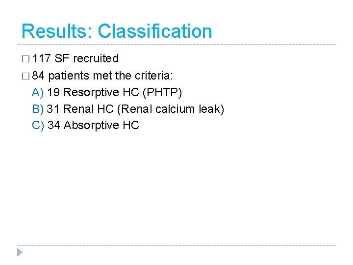 Results: Classification � 117 SF recruited � 84 patients met the criteria: A) 19