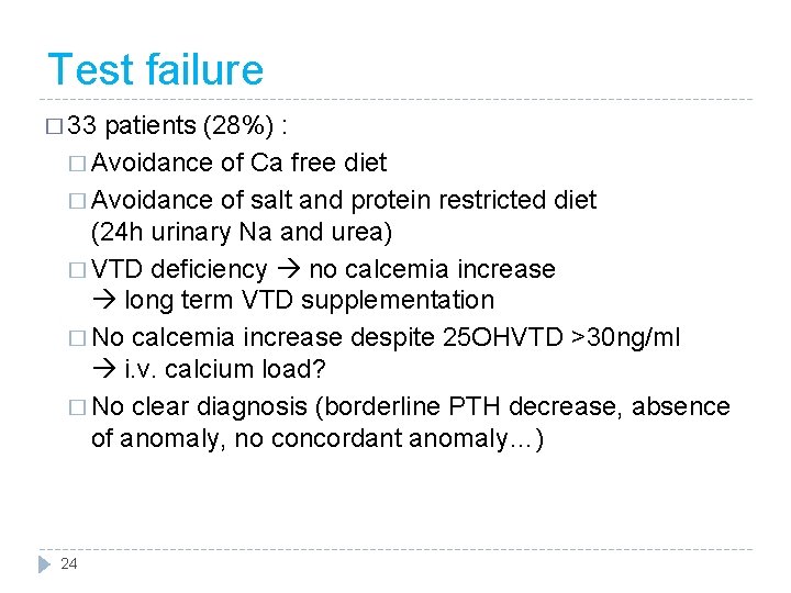 Test failure � 33 patients (28%) : � Avoidance of Ca free diet �