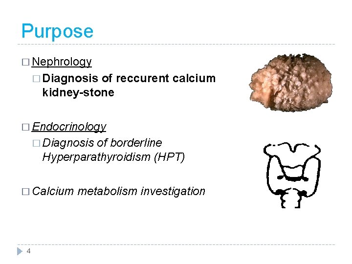 Purpose � Nephrology � Diagnosis of reccurent calcium kidney-stone � Endocrinology � Diagnosis of