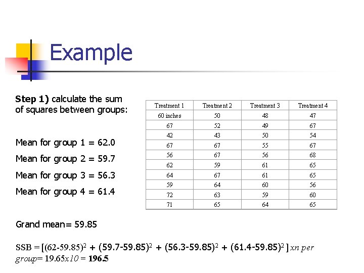 Example Step 1) calculate the sum of squares between groups: Treatment 1 Treatment 2 Example Step 1) calculate the sum of squares between groups: Treatment 1 Treatment 2