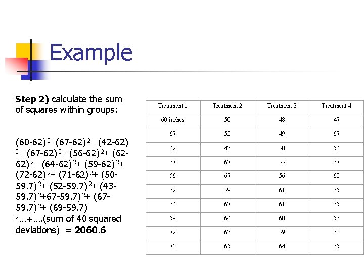 Example Step 2) calculate the sum of squares within groups: (60 -62) 2+(67 -62) Example Step 2) calculate the sum of squares within groups: (60 -62) 2+(67 -62)