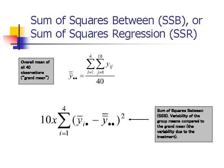 Sum of Squares Between (SSB), or Sum of Squares Regression (SSR) Overall mean of Sum of Squares Between (SSB), or Sum of Squares Regression (SSR) Overall mean of