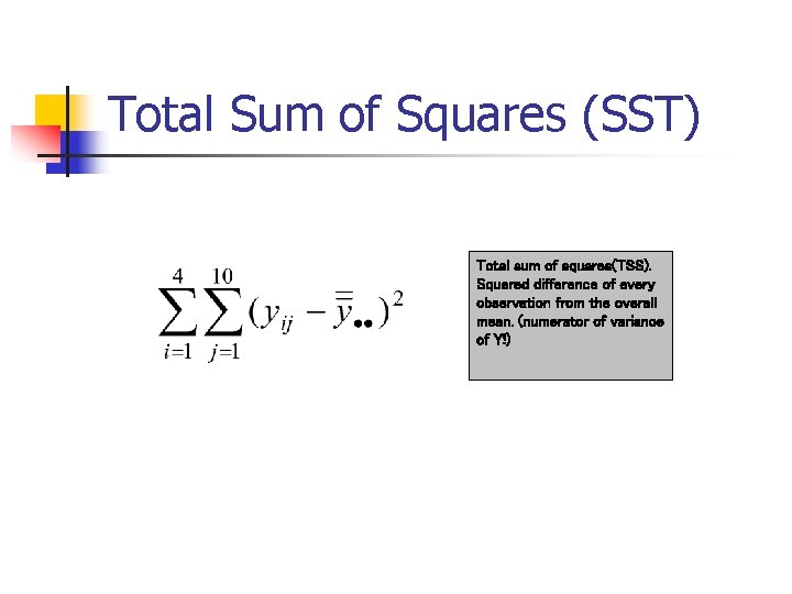 Total Sum of Squares (SST) Total sum of squares(TSS). Squared difference of every observation Total Sum of Squares (SST) Total sum of squares(TSS). Squared difference of every observation