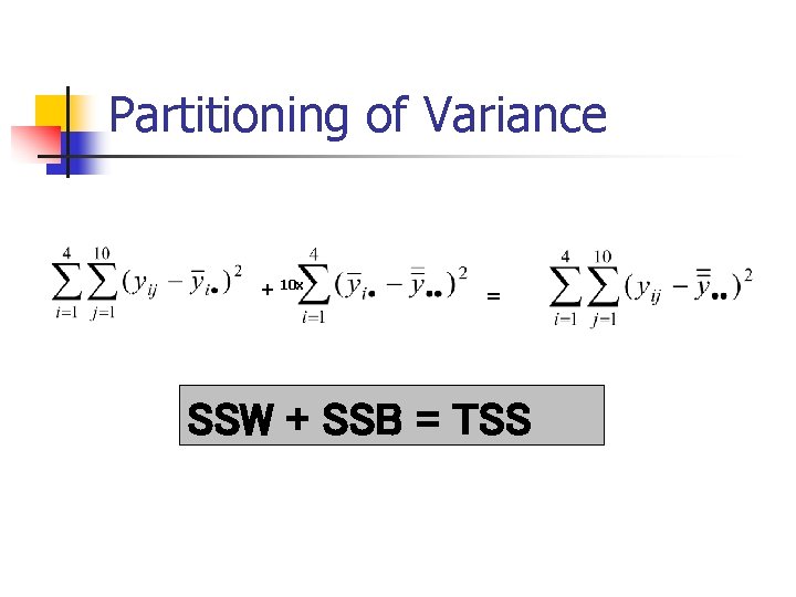 Partitioning of Variance + 10 x = SSW + SSB = TSS Partitioning of Variance + 10 x = SSW + SSB = TSS
