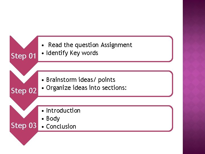 Step 01 Step 02 Step 03 • Read the question Assignment • Identify Key Step 01 Step 02 Step 03 • Read the question Assignment • Identify Key
