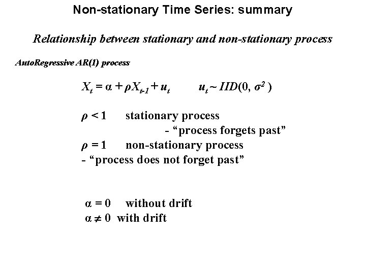 Non-stationary Time Series: summary Relationship between stationary and non-stationary process Auto. Regressive AR(1) process