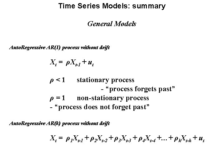 Time Series Models: summary General Models Auto. Regressive AR(1) process without drift Xt =