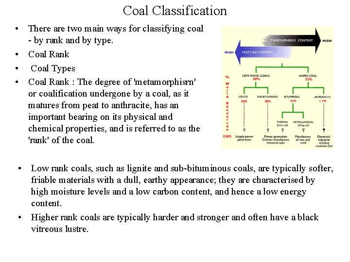 Coal Classification • There are two main ways for classifying coal - by rank