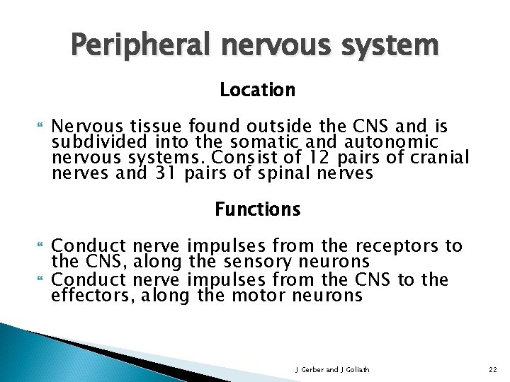 Peripheral nervous system Location Nervous tissue found outside the CNS and is subdivided into