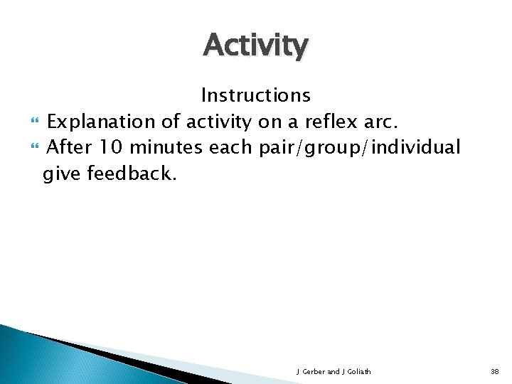 Activity Instructions Explanation of activity on a reflex arc. After 10 minutes each pair/group/individual