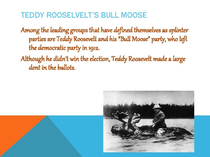 TEDDY ROOSELVELT’S BULL MOOSE Among the leading groups that have defined themselves as splinter