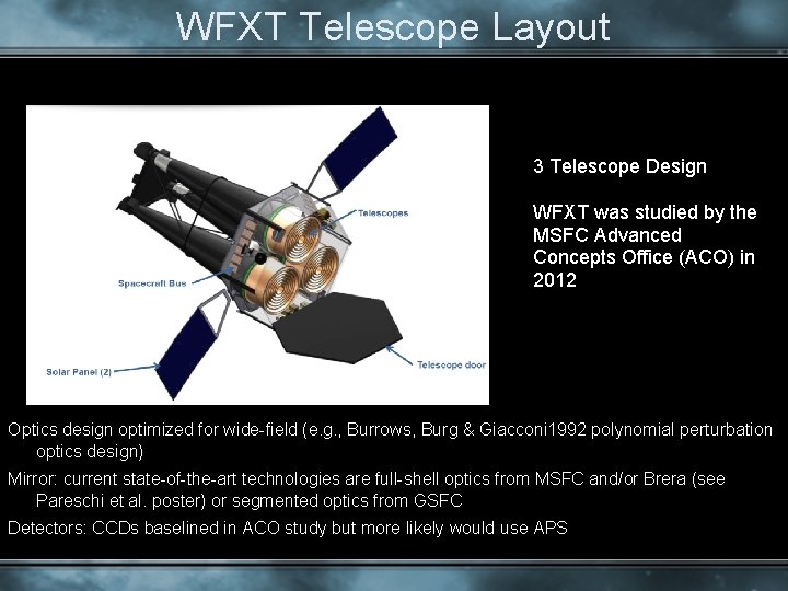 WFXT Telescope Layout 3 Telescope Design WFXT was studied by the MSFC Advanced Concepts
