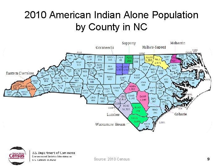 2010 American Indian Alone Population by County in NC Source: 2010 Census 9 