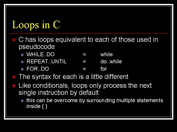 Loops in C has loops equivalent to each of those used in pseudocode n