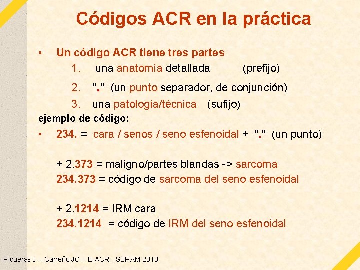 Códigos ACR en la práctica • Un código ACR tiene tres partes 1. una