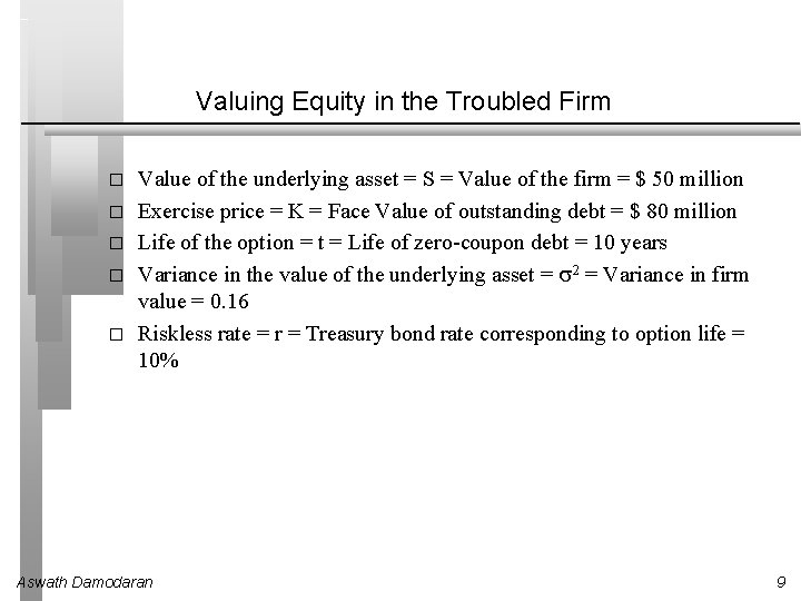 Valuing Equity in the Troubled Firm � � � Value of the underlying asset Valuing Equity in the Troubled Firm � � � Value of the underlying asset