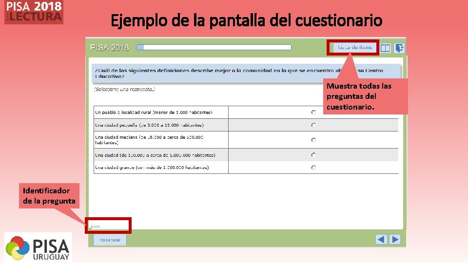Ejemplo de la pantalla del cuestionario Muestra todas las preguntas del cuestionario. Identificador de Ejemplo de la pantalla del cuestionario Muestra todas las preguntas del cuestionario. Identificador de