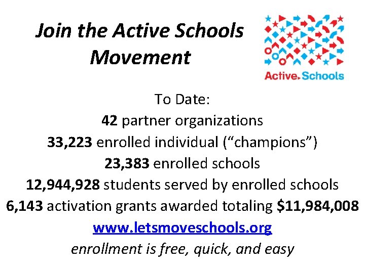 Join the Active Schools Movement To Date: 42 partner organizations 33, 223 enrolled individual