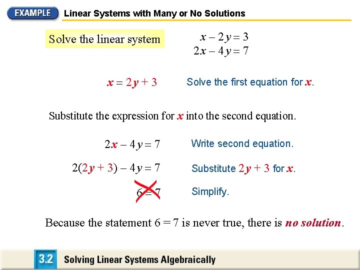 Linear Systems with Many or No Solutions Solve the linear system x 2 y